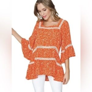 Women's Free People "Talk About It" Orange/White Floral Crocheted Tunic. Small